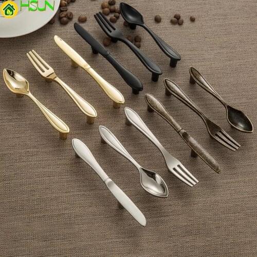 Novelty Creativity Furniture Cabinet Drawer Handle Tableware Shape Knife Spoon Fork Shape In Silver Gold Black Bronze Color