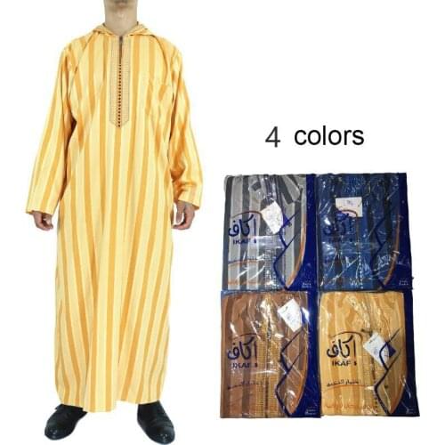New Qatar Muslim Moroccan Long Sleeve Hooded Design Islamic Mens Cotton And Linen Stripe Robe Arabic Kaftan Men Worship Abaya