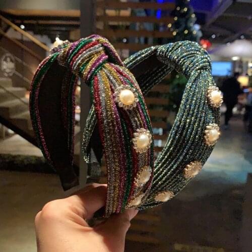 1PC Fashion Cross-knotted Pearl Headband For Woman Retro Rainbow Stripes Bezel Twisted Hairband Ladies Headwear Hair Accessories