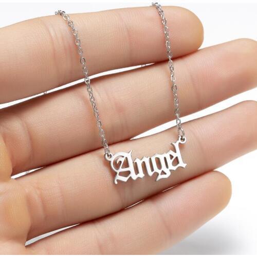2020 New Fashion Gothic Punk Girls Stainless Steel Angel Letter Necklaces Women Old English Necklace Babygirl Princess Choker