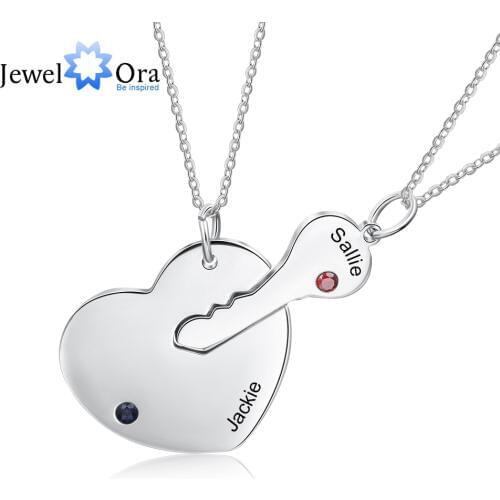Personalized Key & Heart Necklace Sets for Women Men Customize Birthstone Couples Name Engraved Pendant Stainless Steel Jewelry