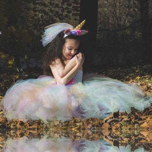 Flower Girls Unicorn Tutu Dress with Headband Kids Party Dresses Fancy Dress Up Costume Tutus Princess Dress Tulle Long Dress