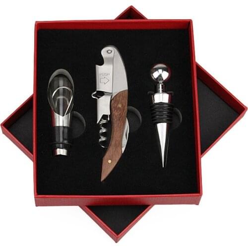 Gift box wine bottle opener set Corkscrew wine bottle stopper Pourer Wooden handle stainless for Kitchen Bar Wedding Souvenir