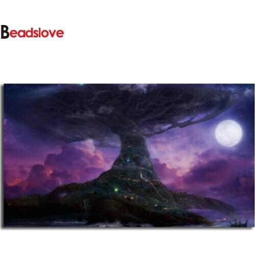 Full 5D Diy Diamond Painting Tree Moon Purple Landscape Diamond Mosaic Cross Stitch Handmade Rhinestones Large wall art