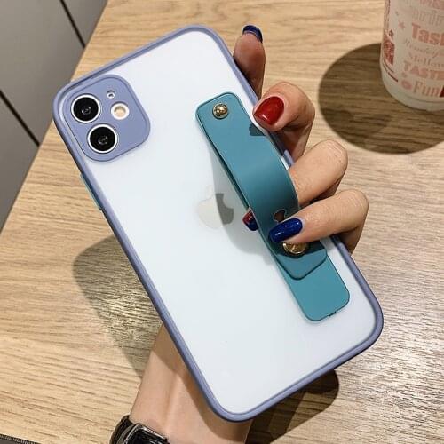 Contrast Color Shockproof Clear Phone Case For iPhone 12 11 Pro Max XR XS Max X 7 8 Plus Wrist Strap Stand Soft TPU Back Cover