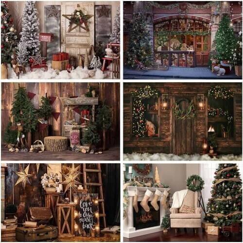 Christmas Rustic wood photography backdrop Christmas tree fireplace photo studio sock gifts newborn portrait photo background