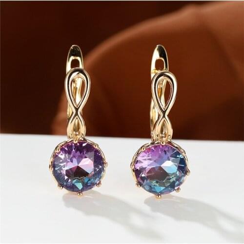 Blue Purple Zircon Round Stone Earrings Vintage Rose Gold Color Wedding Earrings Fashion Rainbow Crystal Hoop Earrings For Women