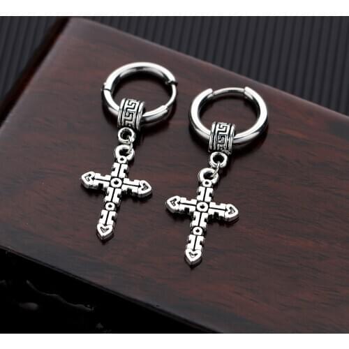 2019 New Arrival Jesus Christ Punk Rock Stainless Steel Allergy Free Graceful Circle Round Cross Earrings for Men Women