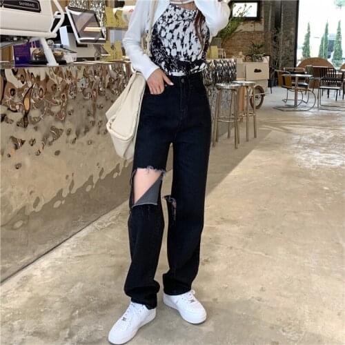 China to create new womens pants personality fashion high waist hole leisure loose jeans wide leg pants spot