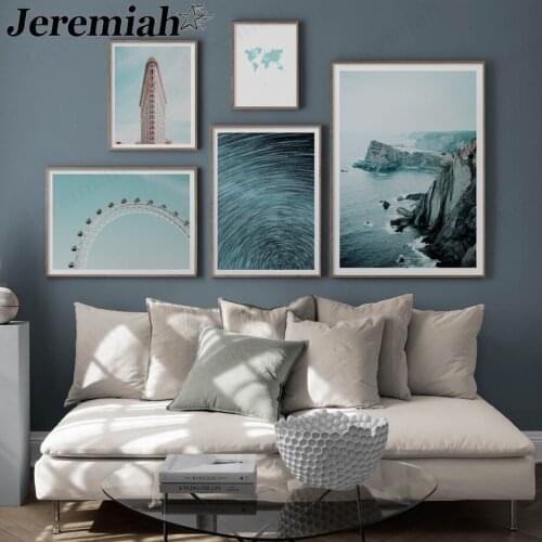 Nordic Architecture Landscape Canvas Poster Blue Cliff Ferris Wheel Seascape Painting Wall Art Modern Home Decoration