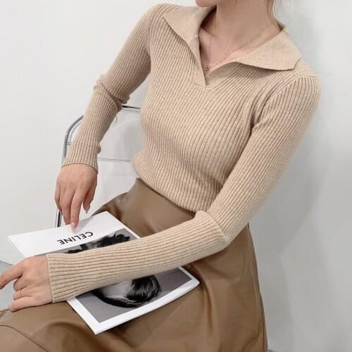 Autumn Winter V-Neck Long Sleeve Sweater Women Slim Lapel Polo Neck Knitted Sweater Femal Outside Wear