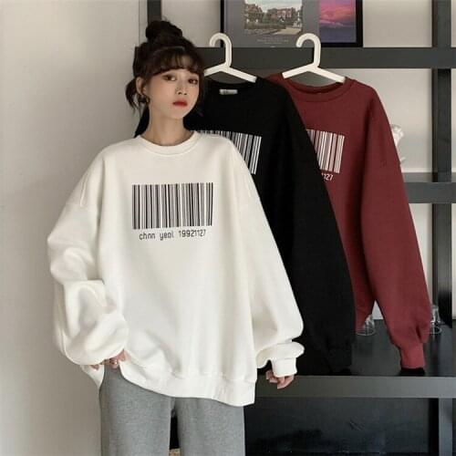 Barcode Womens Loose Top Sweatshirt Large Size Harajuku Pullover Couple Mid-length Wild Long Sleeve Plus Fleece Ladies Hoodie