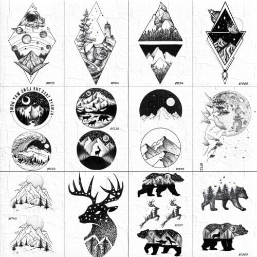Fake Rhombus Tattoos Temporary Men Ankle Neck Arm Art Tattoo Sticker Geometric Mountain Tatoo Waterproof Women Black Moose Decal