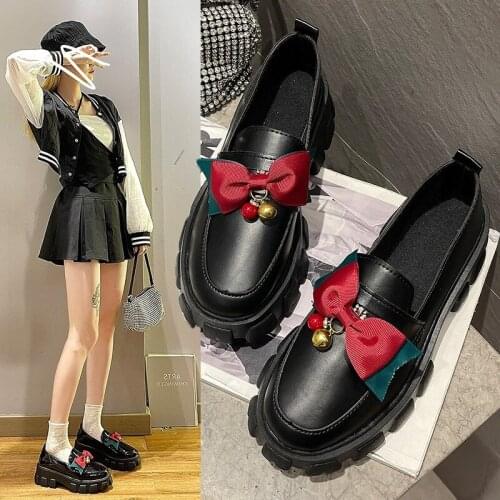 Bow Vintage shoes Black Platform Shoes Women Loafers Slip On Boat Shoes Autumn Office mary jane shoes Casual Leather Oxfords