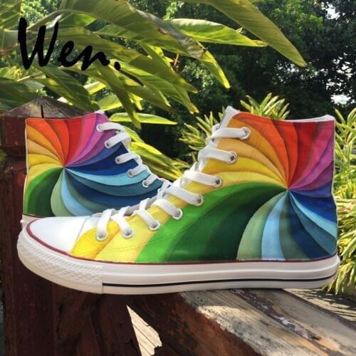 Wen Original Design Custom Hand Painted Shoes Rainbow Color Vortex High Top Flats Lace Up Canvas Sneakers for Men Womens Gifts