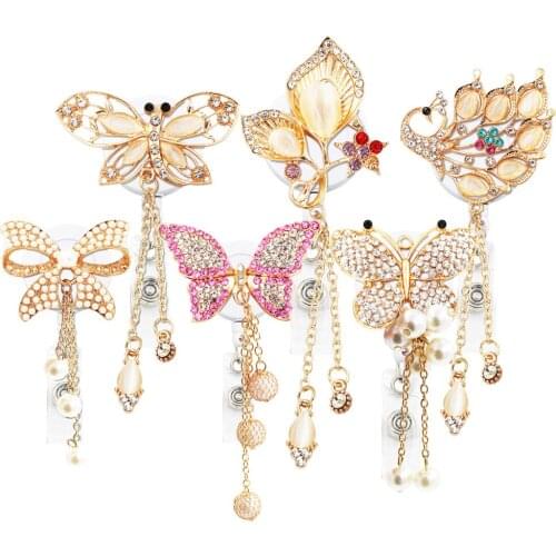 6pcs lot Retractable Badge Holder with Alligator Clip Retractable Cord ID Badge Butterfly Tassels Pendant Style