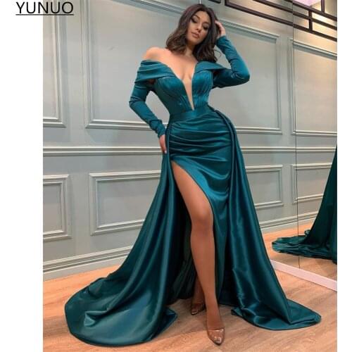 YUNUO Arabic Evening Prom Dresses abendkleider 2021 Long Sleeve High Side Split Satin Mermaid Sexy Party Dress robe de soirée