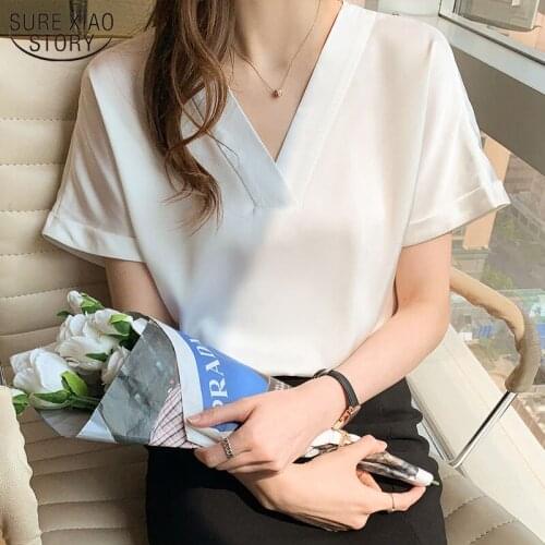2021 Summer New Slim Shirt Female Top V-neck Satin Pullover Simple Shirt Short Sleeve Womens Shirt Office Lady Style 14345