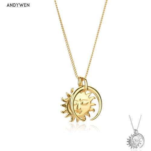 ANDYWEN 925 Sterling Silve Big Moon Sun Flower Pendant Large Necklace Long Chain Women Fashion Wedding Rock Punk Jewelry Gift