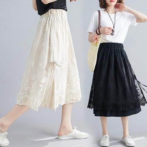 Women Lace Stitching Solid Color Cotton Linen Skirt 2021 New Spring Summer Plus Size Lady Elastic Waist Slit A-Line Skirt aq083