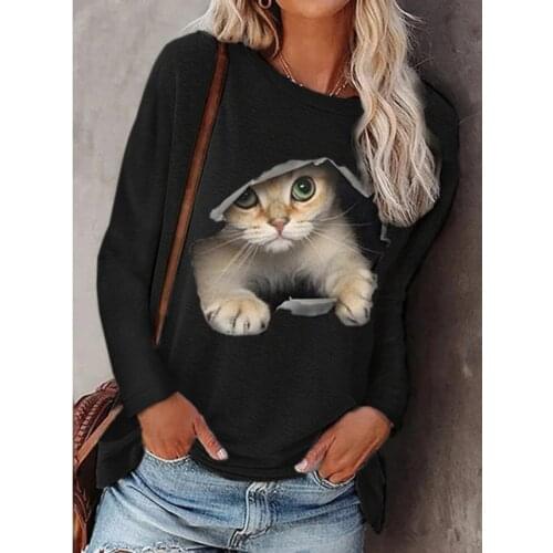 Women Autumn and Winter T-Shirts Long Sleeved Round Neck Cat Ptinting Shirts Casual Pullover Plus Size Ladies Tops
