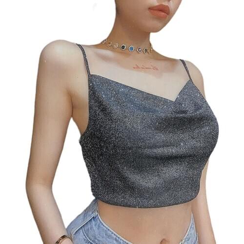Women Sexy Backless Slim Fit Sling Glitter Vest 2020 New Fashion Summer Streetwear Strappy Tank Tops Lady Shinny Camisole