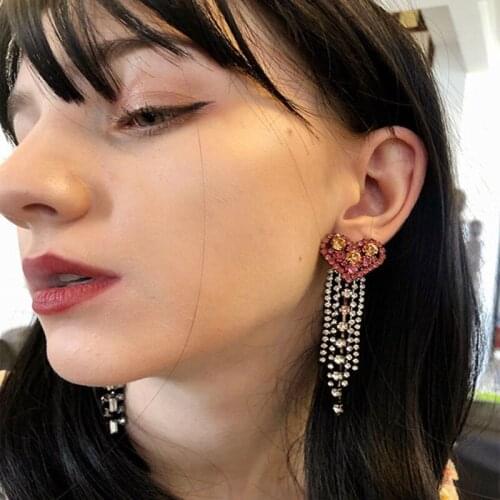 Rongho Hiphop Crystal Statement Heart Stud Earrings for Women Multi Crystal Chain Tassel Pendant Earring Femme Show Jewelry