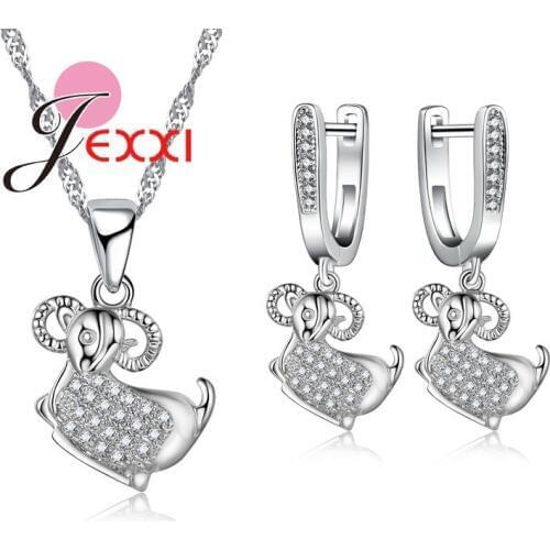 Women Girl Best Gifts 925 Sterling Silver Mosaic Crystal Sheep Shape Design Pendant Necklace Earrings for Women Bijoux