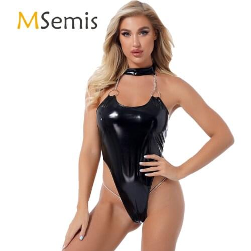 Sexy Wetlook PU Patent Leather High Cut Bodysuit for Women O Ring Metal Chain Decor Halter Neck Glossy Backless Catsuit Clubwear