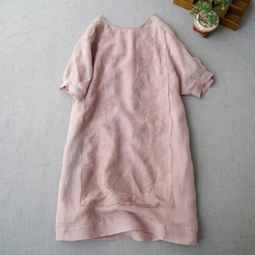 Womens ramie short sleeve embroidery dress loose and comfortable H-shaped thin linen long Dress 0423