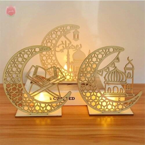 Ramadan Eid Mubarak Home Decoration LED Candle Light Wooden Pendant Home Decoration Islam Muslim Holiday Event Party Supplies