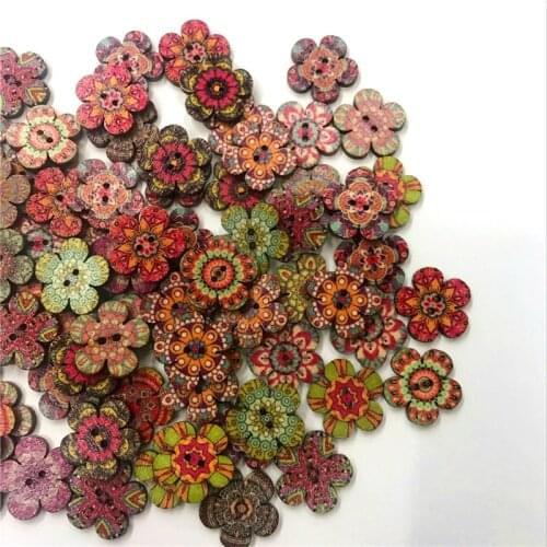 50pcs Flower Wood Buttons, 2 Holes Round Flower Buttons Vintage Buttons for DIY Sewing Craft Decorations