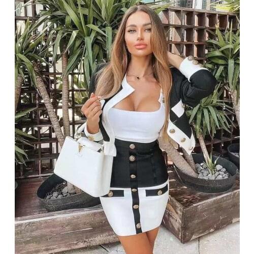 Ailigou Free Shipping 2021 New Summer Chic Color Block Button Design Two Pieces Set Celebrity Party Club Bandage Suit