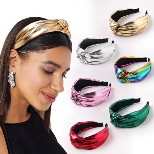 Shiny women headband PU fabric art knot personality cool hair bands solid color wash face hairpin knotted headband hairdress