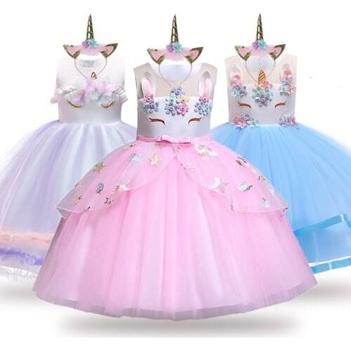 Girls Unicorn Dress Baby Girl Embroidery Flower Princess Dress Kids Robe Fille for Girls Children Clothes Baby Party Dress