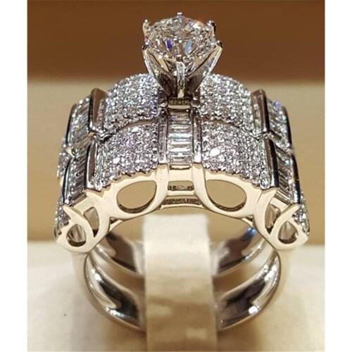 Luxury 2Pcs/set Cubic Zirconia Big Wedding/Engagement Rings For Women Silver Color Womens Ring Crystal Jewelry Drop Shipping