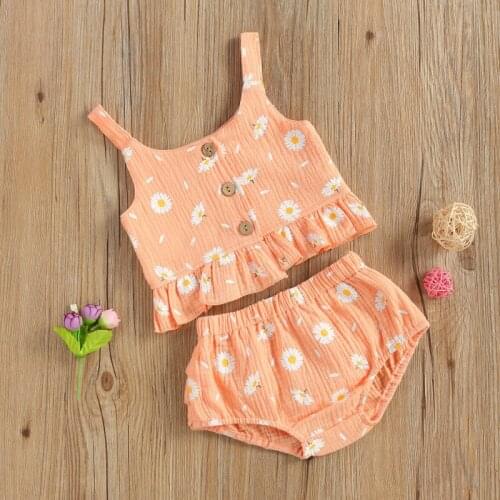 2Pcs Baby Summer Outfits 2021, Daisy Print O-Neck Button-Open Tank Tops + Elastic Waist Ruffled Shorts for Toddlers, Girls