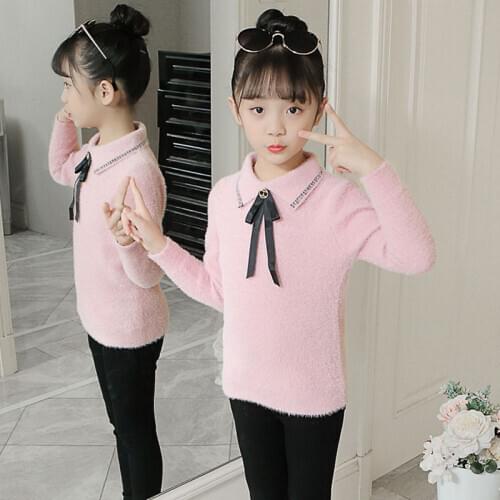 2020 New Autumn Baby Girls Sweaters Winter Baby Girls Warm Clothes Turn-down Collar Preppy Style Solid Bow Children Sweaters Z38