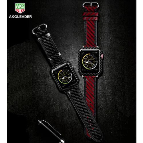 AKGLEADER 38-42mm For Apple Watch Series 4 Band Real Carbon Fiber Watch Band For Apple Watch Series 1 2 3 Wrist Leather Strap