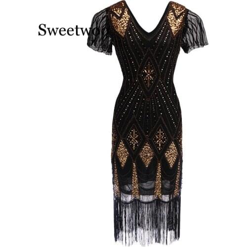 Embellished Beaded Sequin Dress Robe Vestidos Women 1920s Flapper Dress Vintage V Neck Butterfly Sleeve Long Great Gatsby Dress