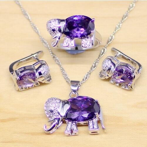 Elephant Shaped Purple Cubic Zirconia White CZ 925 Sterling Silver Jewelry Sets Women Earrings/Pendant/Necklace/Rings