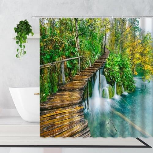 Forest Waterfall Scenery Shower Curtains Wooden Corridor Cliff Plank Road Landscape Home Decor Wall Cloth Bath Curtain Screen