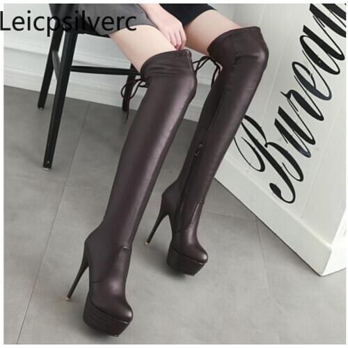 Womens Boots winter new style fashion Round head zipper Lace-up Fine heel High heel Womens Over the knee boots plus size 34-43