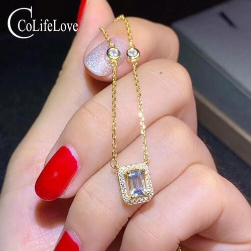 CoLife Jewelry 925 Silver Aquamarine Pendant for Party 4*6mm Natural Emerald Cut Aquamarine Silver Pendant Gift for Woman