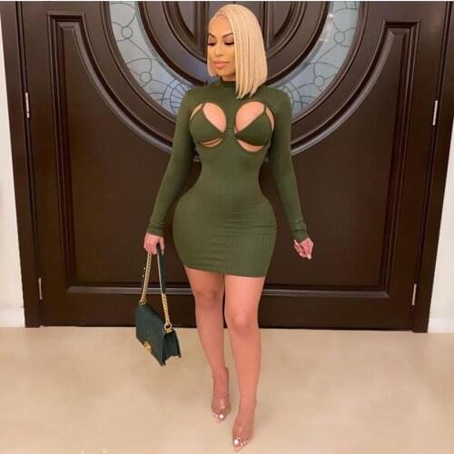 Casual Knit Rib Black Mini Cut Out Women Dress Sexy Hollow Out O Neck Long Sleeve Bodycon Night Club Party Dresses Robe Femme