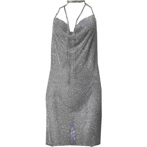 YACKALASI Women Party Dress Crystal Metal Mesh Elegant Club Dress Vesitos Diamond Straps Sexy Deep-V Halter Backless