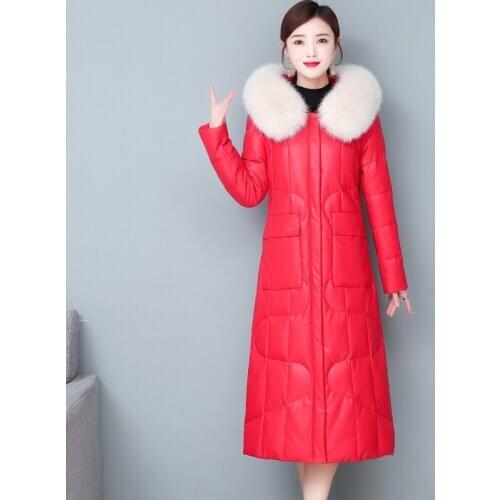 Winter Split Leather Jacket Women Down Jacket Long Warm Woman Parka Real Fox Fur Collar Doudoune Femme Womens Clothing WPY1948