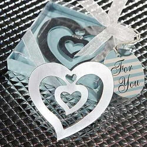 50PCS Wedding favors gifts silver stainless steel declining double cutout heart bookmark with tassel Free shipping