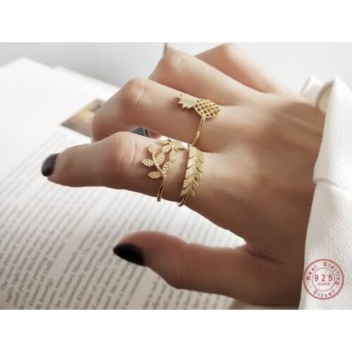 925 Sterling Silver European Simple Fruit Pineapple Leaf Malt Ring Women Classic Fashion Party Jewelry Girlfriend Gift