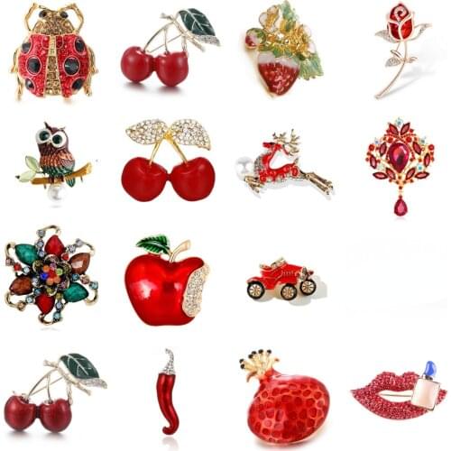 Antique Red Car Squirrel Owl Ladybug Rose Flower Cat Bird Brooch Pins For Women Dress Scarf Collar Brooch Pins Jewelry